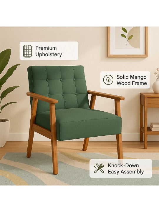 Sage Green Upholstered Armchair – Wooden Accent Chair for Living Room & Bedroom