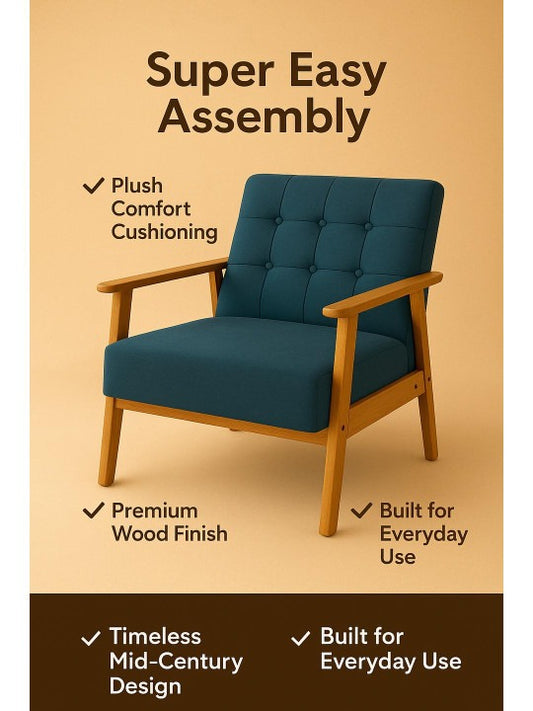 Modern Blue Upholstered Armchair – Wooden Accent Chair for Living Room & Bedroom