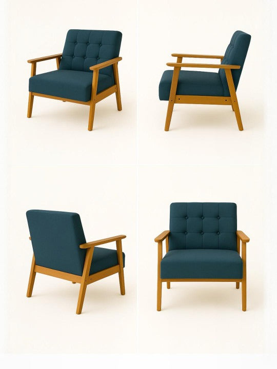 Modern Blue Upholstered Armchair – Wooden Accent Chair for Living Room & Bedroom