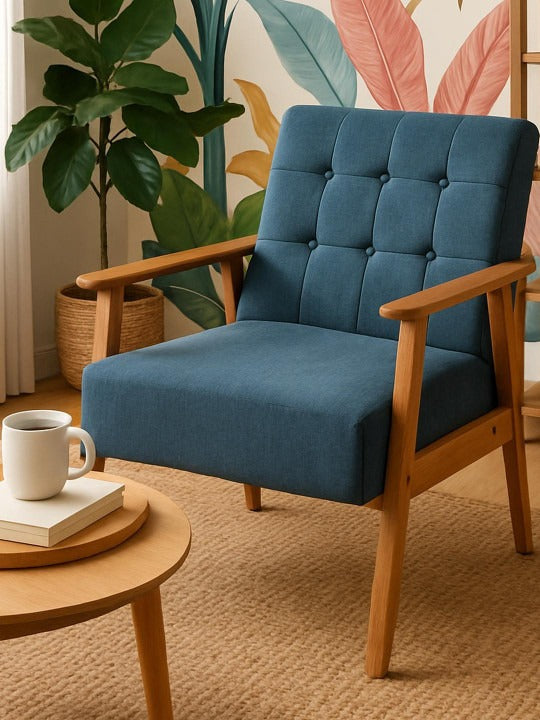 Modern Blue Upholstered Armchair – Wooden Accent Chair for Living Room & Bedroom