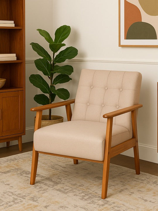 Modern Beige Upholstered Armchair – Wooden Accent Chair for Living Room & Bedroom