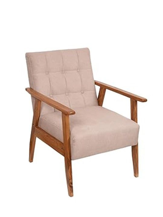 Set of 2 Beige Upholstered Armchairs – Wooden Accent Chairs for Living Room & Bedroom