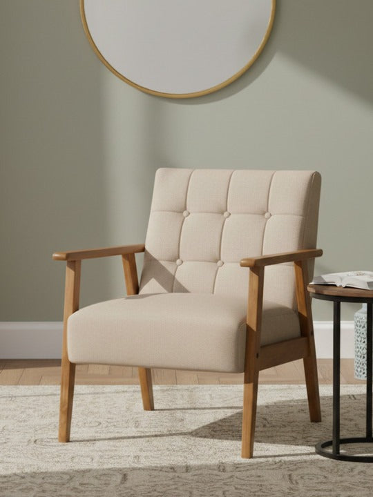 Modern Beige Upholstered Armchair – Wooden Accent Chair for Living Room & Bedroom