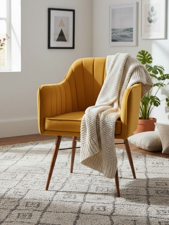 Modern Mustard Yellow Accent Chair – Upholstered Armchair for Living Room & Dining Area