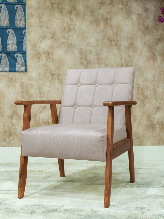 Modern Beige Upholstered Armchair – Wooden Accent Chair for Living Room & Bedroom