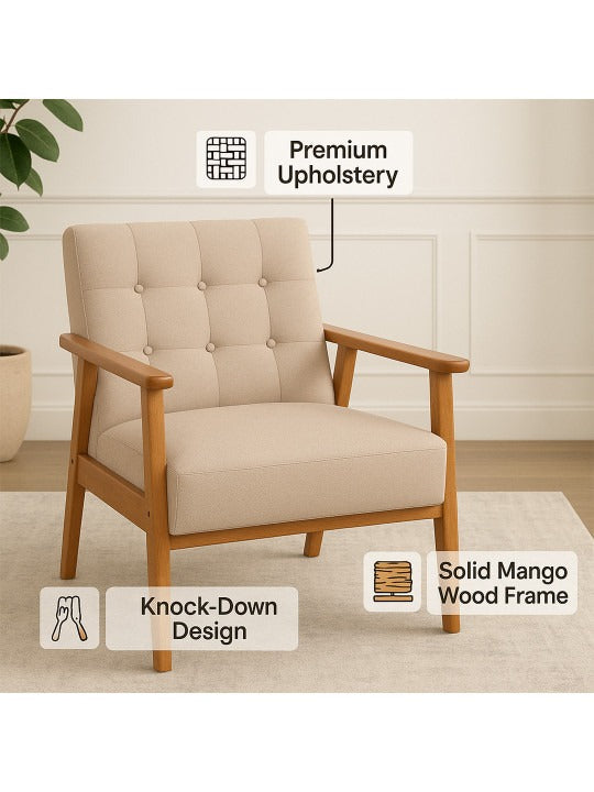 Modern Beige Upholstered Armchair – Wooden Accent Chair for Living Room & Bedroom