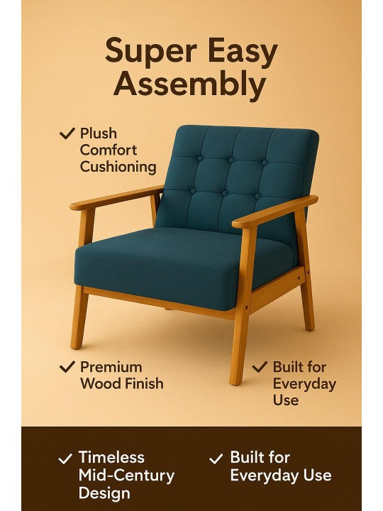 Modern Blue Upholstered Armchair – Wooden Accent Chair for Living Room & Bedroom