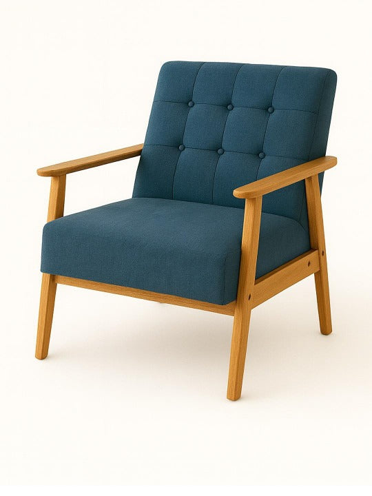 Modern Blue Upholstered Armchair – Wooden Accent Chair for Living Room & Bedroom